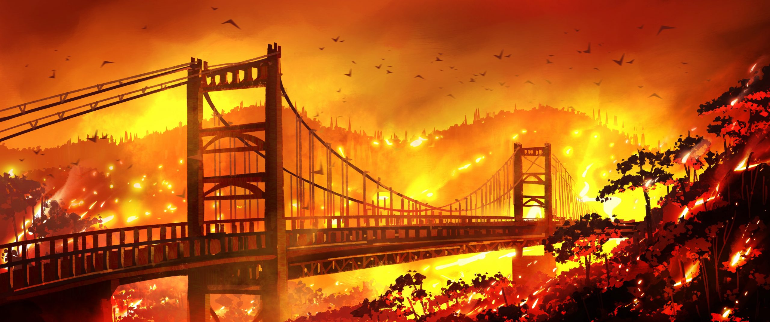 Bridge in California surrounded by fire