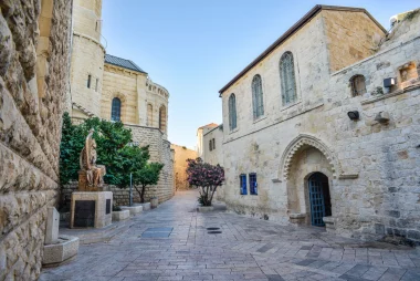 A street in Jerusalem, the site of may Passover celebrations with visible upper room locations.