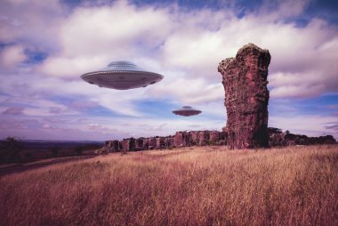 Flying saucers over a mysterious landscape could harbor the antichrist
