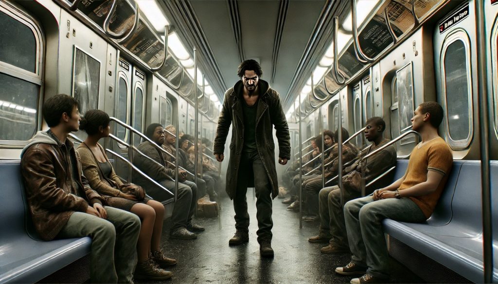 A depiction of an aggressor on a subway car in New York, reminiscent of the Daniel Penny case.