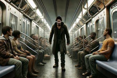 A depiction of an aggressor on a subway car in New York, reminiscent of the Daniel Penny case.