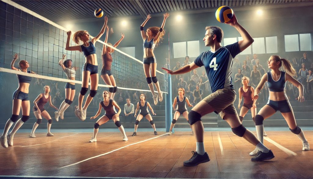 A pathetic man competes in a woman's volleyball league.