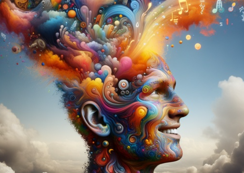 A stylized head blows up with a rainbow of color, indicating a saturation of memories.