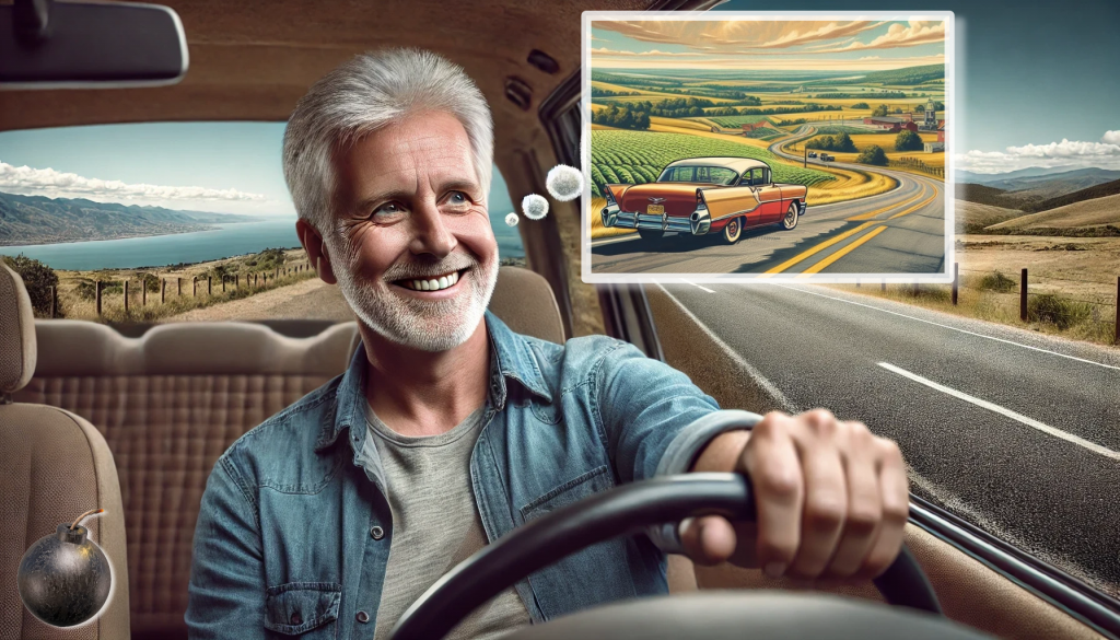 A baby boomer drives a car, fondly remembers earlier road trips as a young adult.