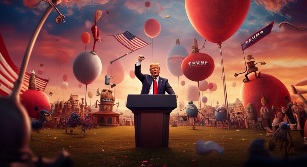 AI rendered image declaring Trump Wins with Donald Trump at the podium.