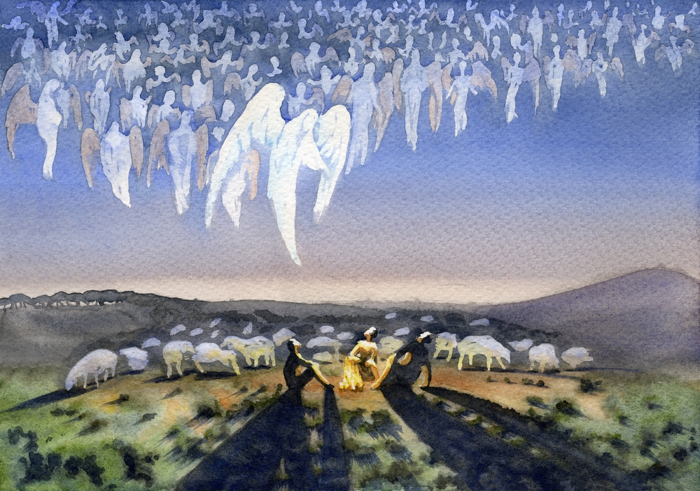 A heavenly hosts of angels speak to the shepherds at Christmas time.