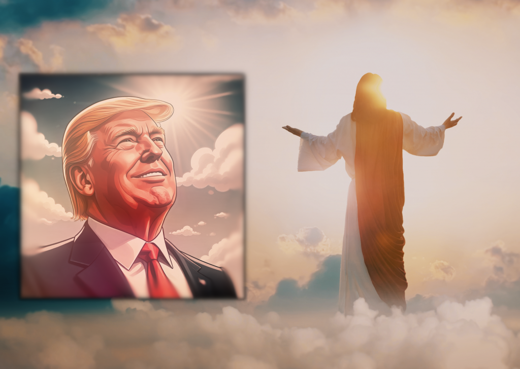 Trump and Jesus in a light-filtered cloud scene in heaven.