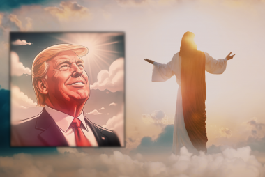 Trump and Jesus in a light-filtered cloud scene in heaven.