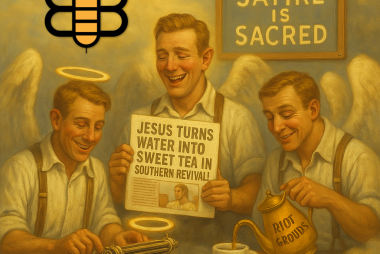 News men depicted as Angels create Christian Satire.