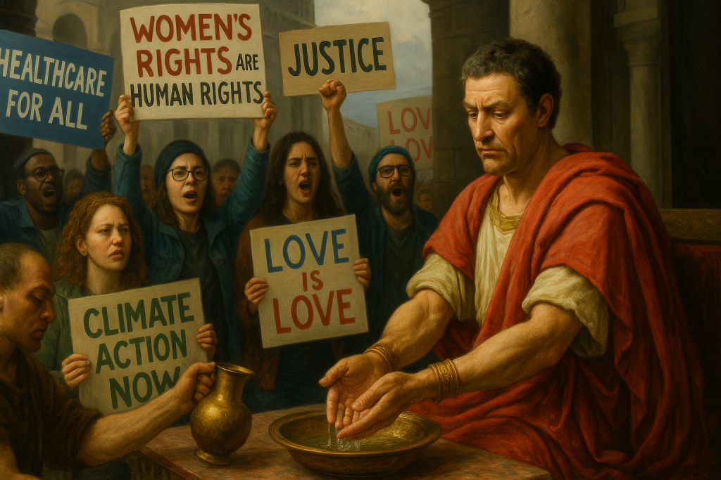 Pilate washes his hands of Jesus' crucifixion as the crowd shouts
Give Us Barabbas
