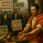 Pilate washes his hands of Jesus' crucifixion as the crowd shouts Give Us Barabbas