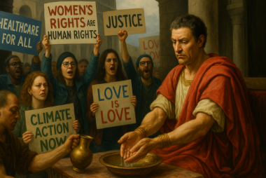 Pilate washes his hands of Jesus' crucifixion as the crowd shouts Give Us Barabbas