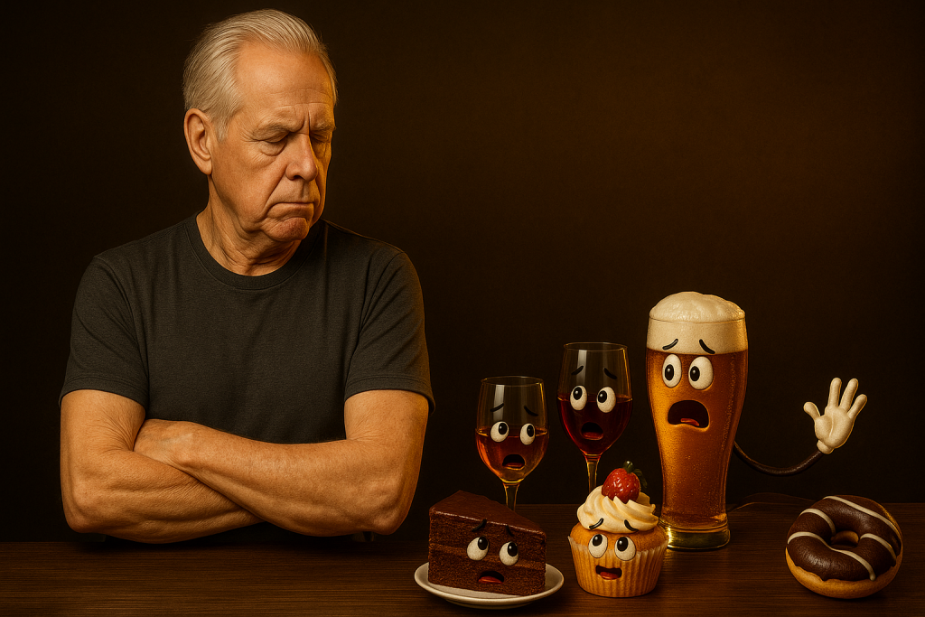 Healthy older man turns his nose up at alcohol and dessert in a quest for better diet and health.