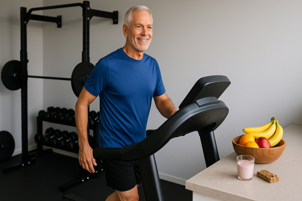 Fit man in his 60's walks on a treadmill to improve his diet and health.