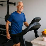 Fit man in his 60's walks on a treadmill to improve his diet and health.
