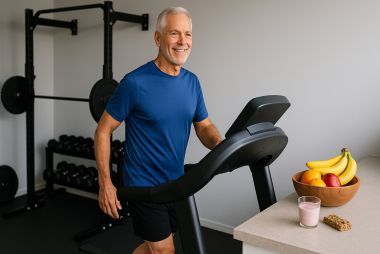 Fit man in his 60's walks on a treadmill to improve his diet and health.