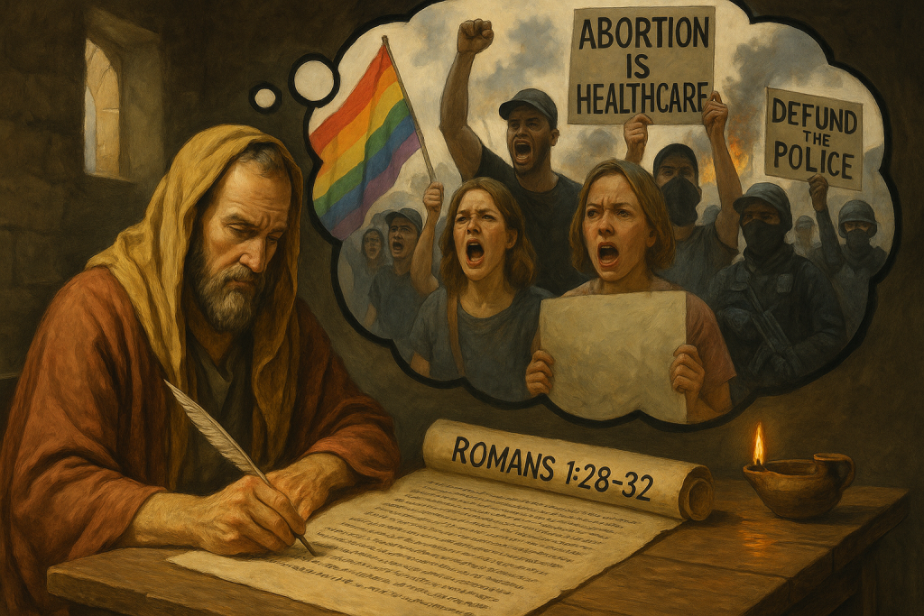 An Apostle pens Romans 1:28-32 while imagining the world chaos.