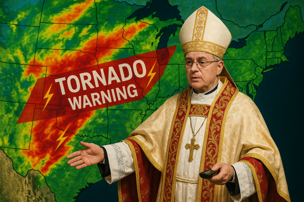 A priest teaches the Weather Gospel in front of a weather warning map.