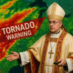 A priest teaches the Weather Gospel in front of a weather warning map.