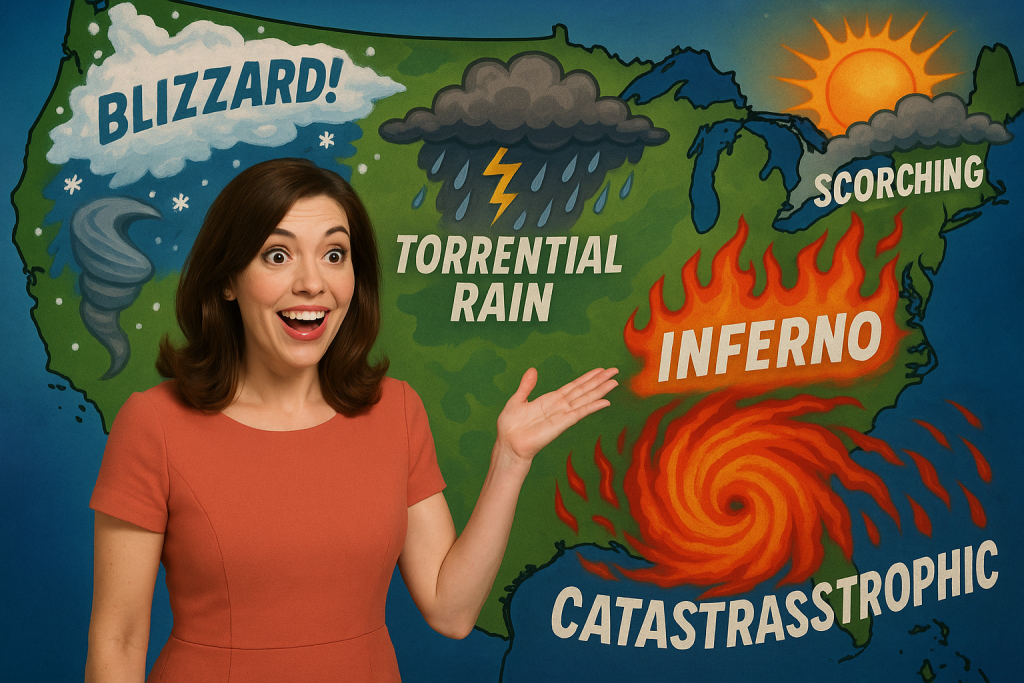 A woman points out catastrophic weather events on a map.