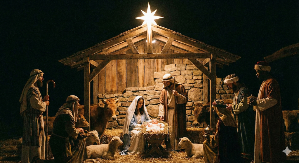 The manger scene depicts the virgin birth of Jesus
