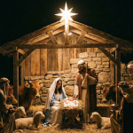 The manger scene depicts the virgin birth of Jesus