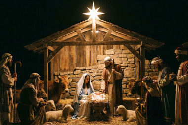 The manger scene depicts the virgin birth of Jesus