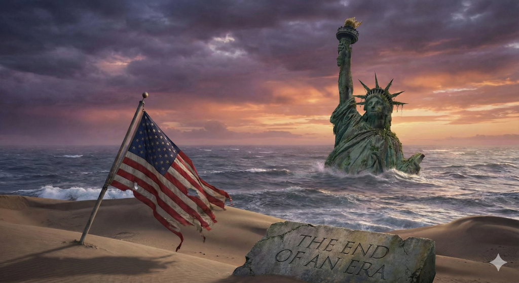 A submerged Statue of Liberty and a tattered flag signify the death of America.