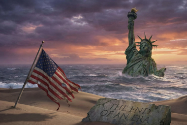 A submerged Statue of Liberty and a tattered flag signify the death of America.