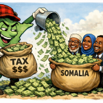A caricature of the state of Minnesota giving tax dollars to Somalians.