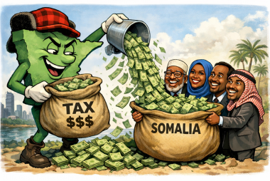 A caricature of the state of Minnesota giving tax dollars to Somalians.