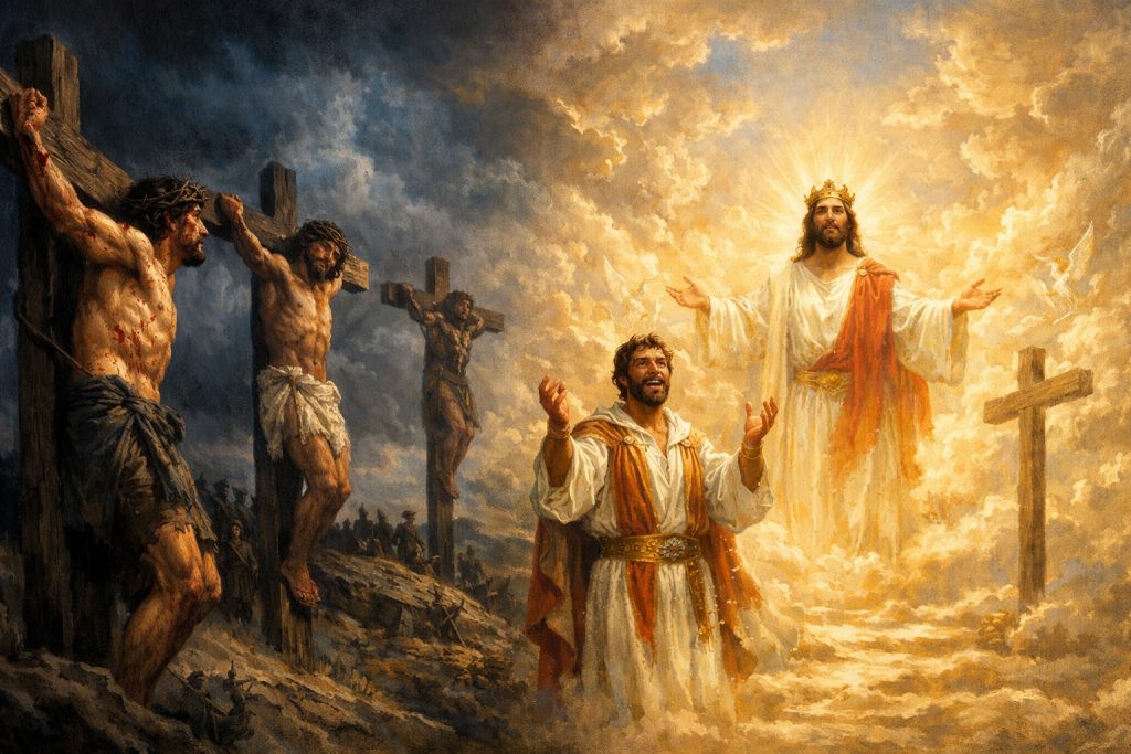 The thief on the cross finds redemption in is last moments, as depicted here.