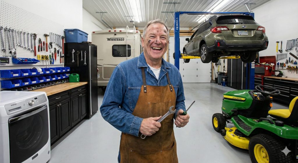 A male baby boomer enjoying his wrenching time in his garage. 